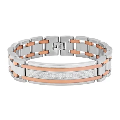 Mens Cubic Zirconia Two Tone Stainless Steel ID Bracelet