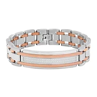 Mens Cubic Zirconia Two Tone Stainless Steel ID Bracelet