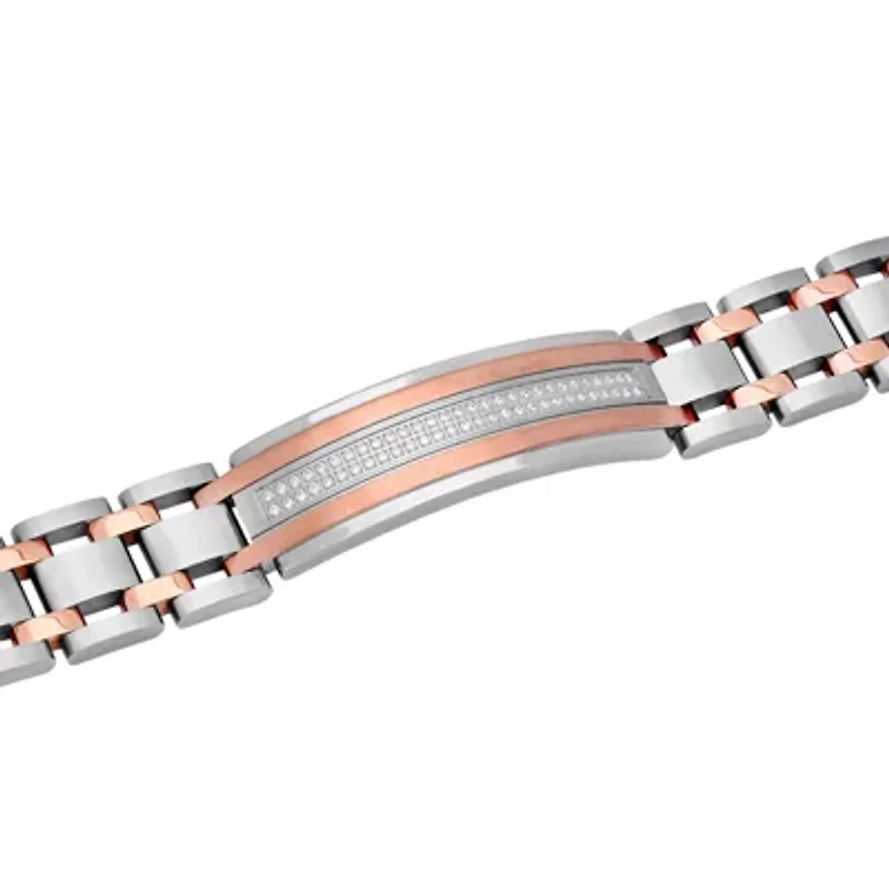 Mens Cubic Zirconia Two Tone Stainless Steel ID Bracelet