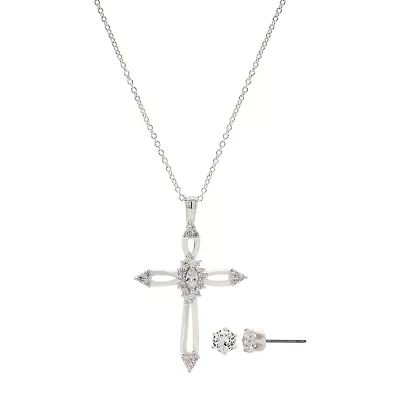 Sparkle Allure Womens White Cubic Zirconia Pure Silver Over Brass Cross 2-pc. Jewelry Set