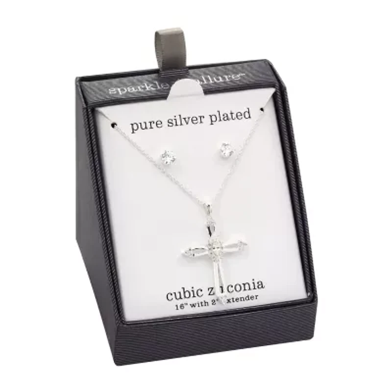 Sparkle Allure Womens White Cubic Zirconia Pure Silver Over Brass Cross 2-pc. Jewelry Set