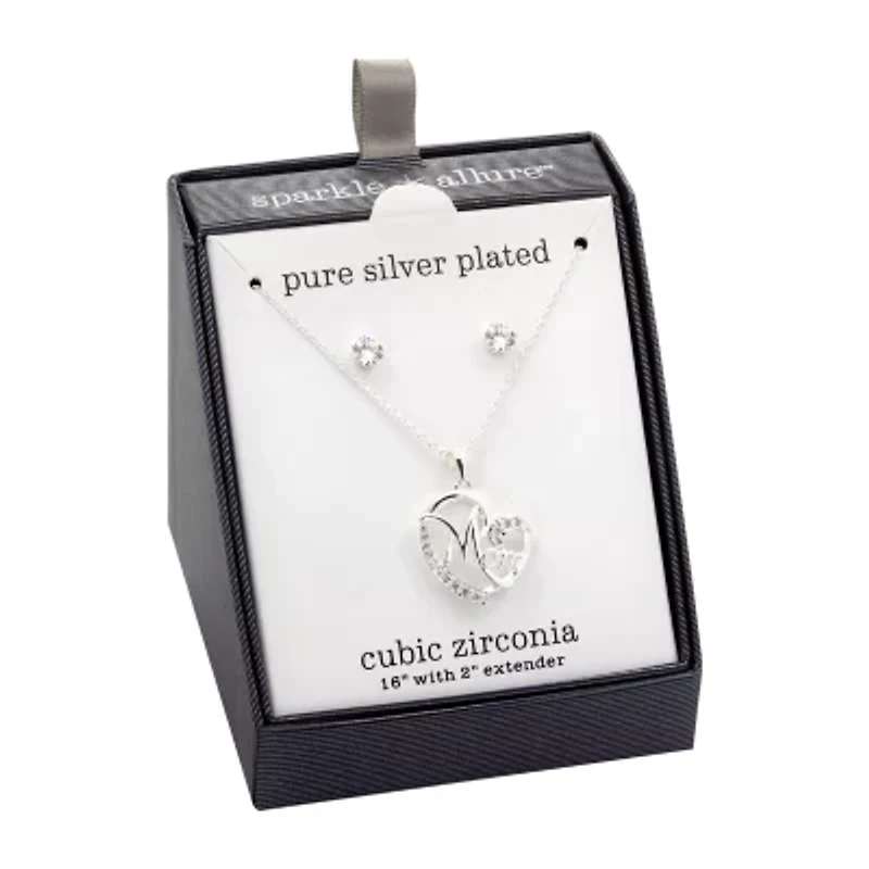 Sparkle Allure Mom Womens White Cubic Zirconia Pure Silver Over Brass Heart 2-pc. Jewelry Set