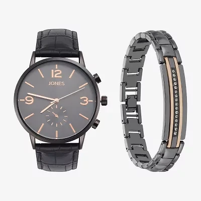 Jones N.Y. Mens Chronograph Black Leather Strap Watch 9927b-42-C02