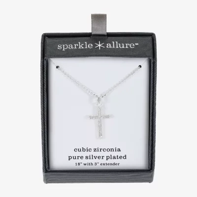 Sparkle Allure Womens Cubic Zirconia Pure Silver Over Brass Cross 18 Inch Pendant Necklace