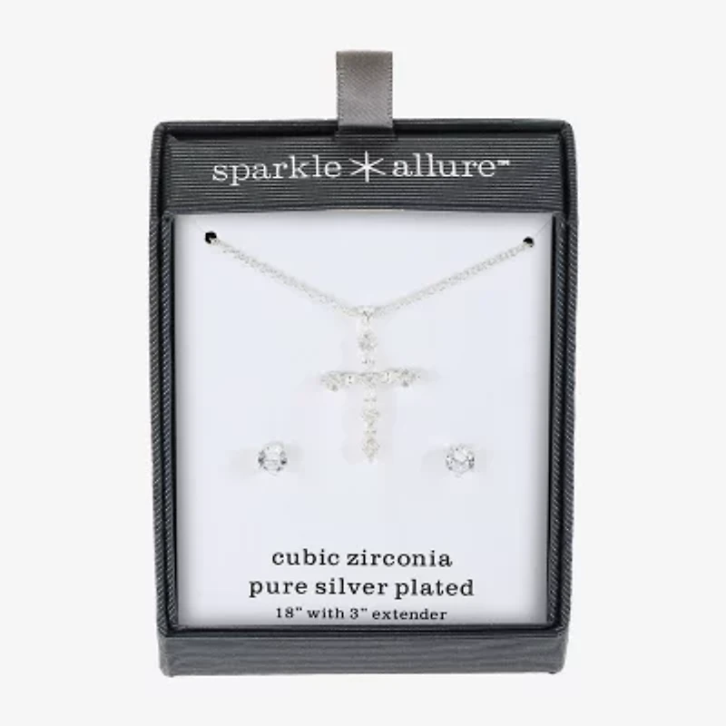 Sparkle Allure Womens Cubic Zirconia Pure Silver Over Brass Cross 2-pc. Jewelry Set