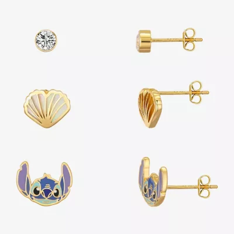 Disney Classics Seashell Womens Cubic Zirconia 10K Gold Over Brass Lilo & Stitch 3 Pair Earring Set