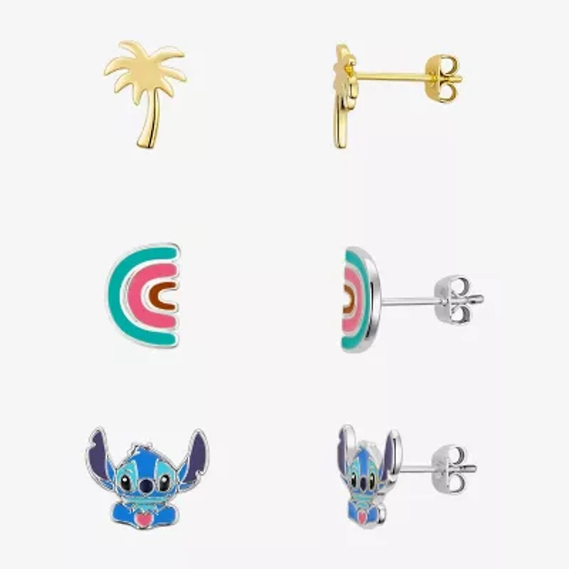 Disney Classics Palm Tree And Rainbow Womens 10K Gold Over Brass Lilo & Stitch 3 Pair Earring Set