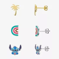 Disney Classics Palm Tree And Rainbow Womens 10K Gold Over Brass Lilo & Stitch 3 Pair Earring Set