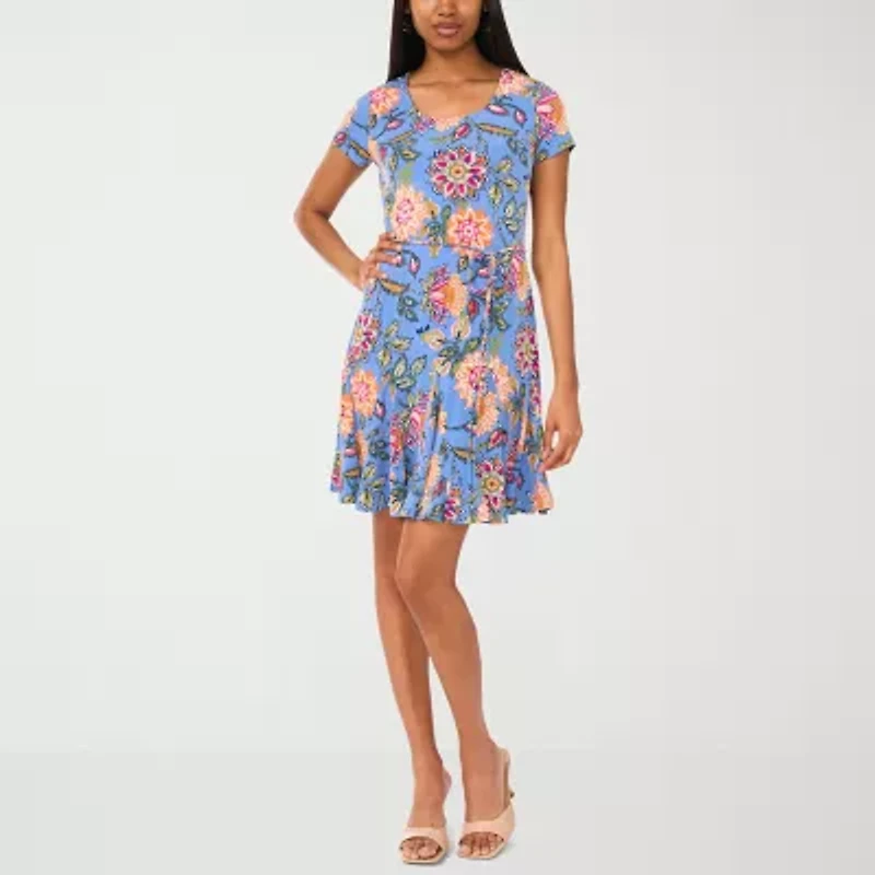 MSK Womens Short Sleeve Floral Fit + Flare Dress