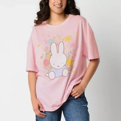 New World Juniors Miffy Floral Oversized Tee Womens Crew Neck Short Sleeve Graphic T-Shirt