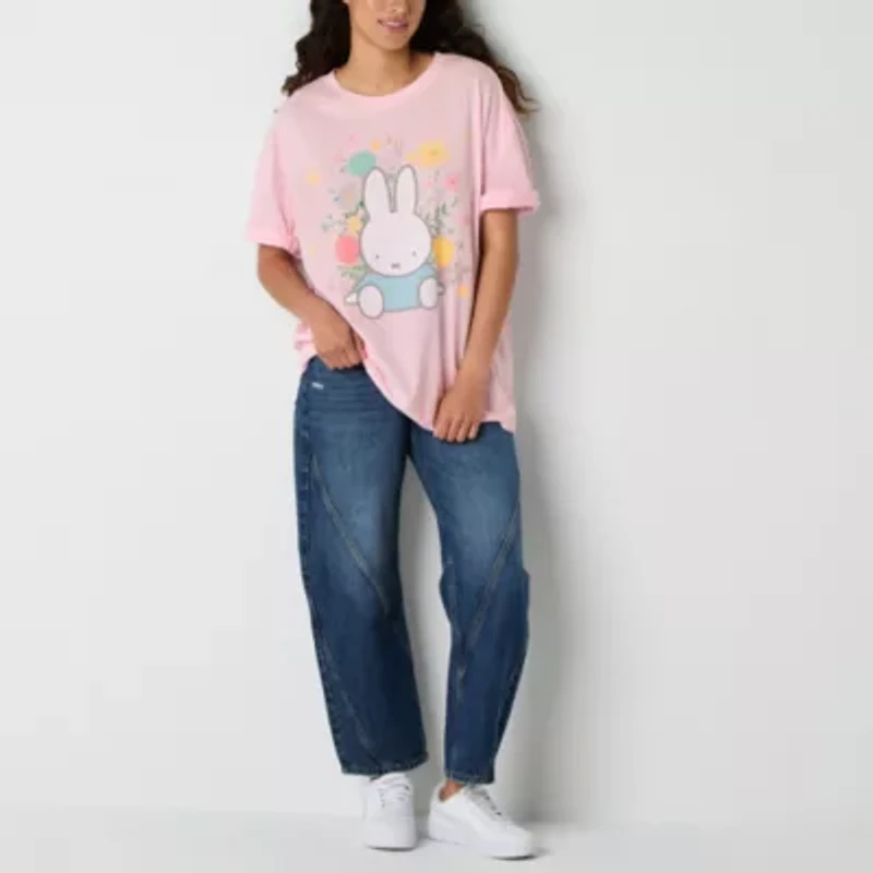 New World Miffy Floral Oversized Womens Juniors Crew Neck Short Sleeve Loose Fit Graphic T-Shirt
