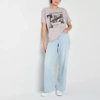 New World Brooklyn York Boyfriend Womens Crew Neck Short Sleeve Loose Fit Juniors Graphic T-Shirt