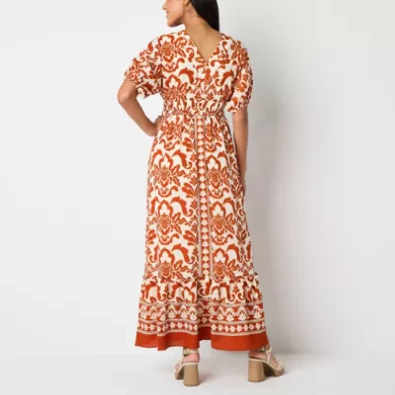 Melonie T Womens Short Sleeve Bordered Maxi Dress