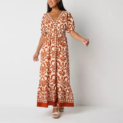 Melonie T Womens Short Sleeve Bordered Maxi Dress