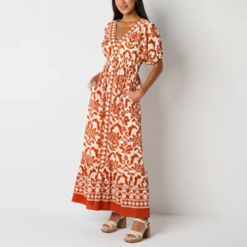 Melonie T Womens Short Sleeve Bordered Maxi Dress