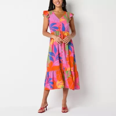 52seven Womens Short Sleeve Floral Midi Fit + Flare Dress Petite