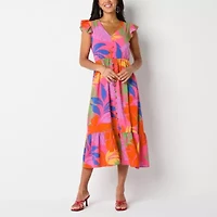 52seven Womens Short Sleeve Floral Midi Petite Fit + Flare Dress