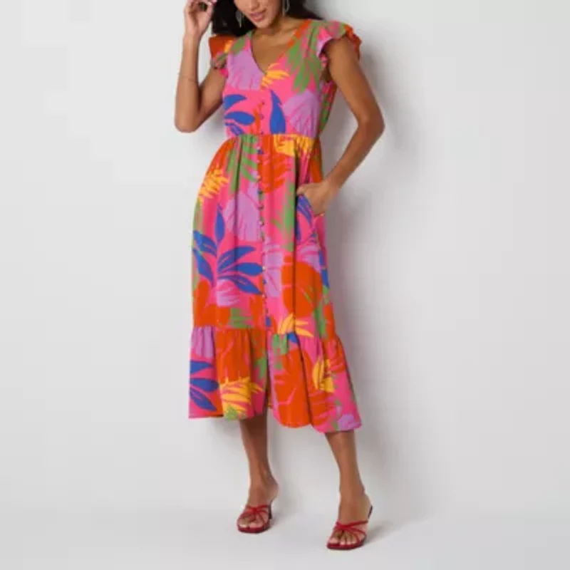 52seven Womens Short Sleeve Floral Midi Petite Fit + Flare Dress