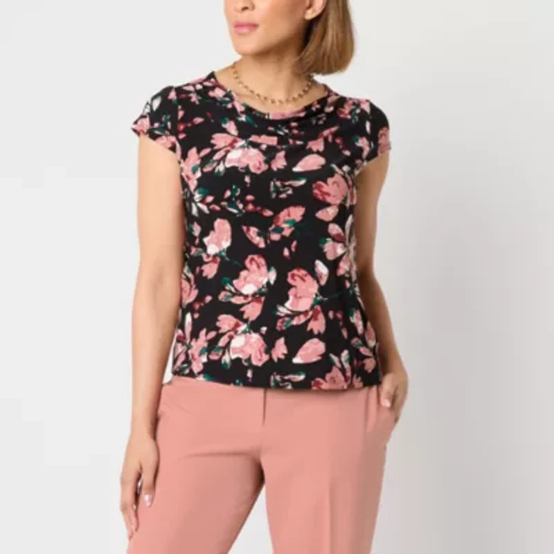 Black Label by Evan-Picone Floral Womens Cowl Neck Short Sleeve Blouse