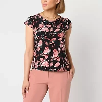 Black Label by Evan-Picone Floral Womens Cowl Neck Short Sleeve Blouse