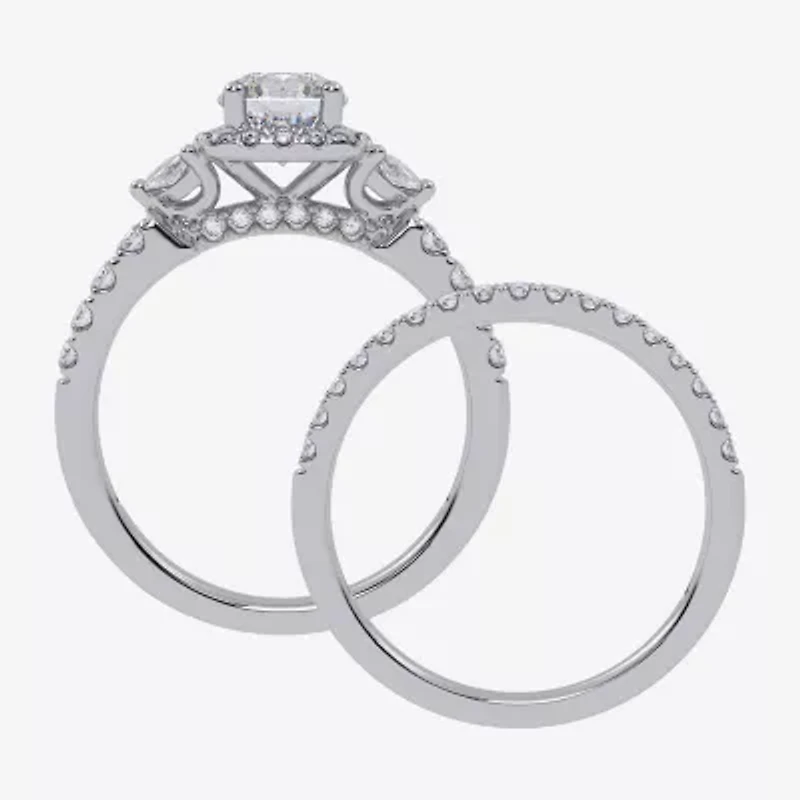Signature By Modern Bride (G-H,Vs2-Si1) Womens 1 1/2 CT. T.W. Lab Grown White Diamond 14K Gold Round Side Stone Halo Engagement Ring