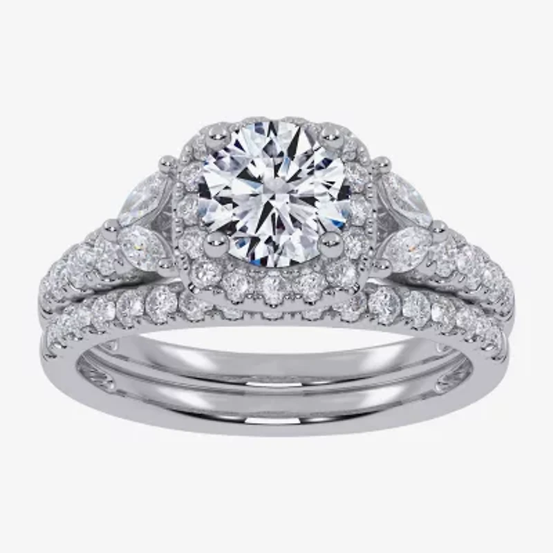 Signature By Modern Bride (G-H,Vs2-Si1) Womens 1 1/2 CT. T.W. Lab Grown White Diamond 14K Gold Round Side Stone Halo Engagement Ring