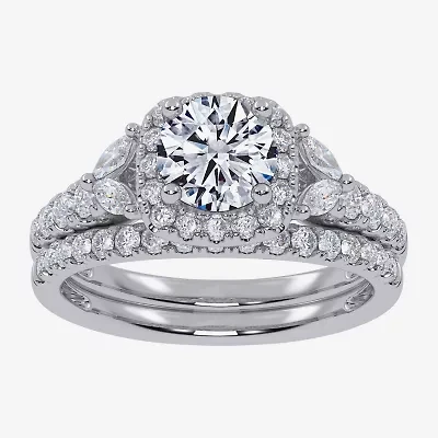 Signature By Modern Bride (G-H,Vs2-Si1) Womens 1 1/2 CT. T.W. Lab Grown White Diamond 14K Gold Round Side Stone Halo Engagement Ring