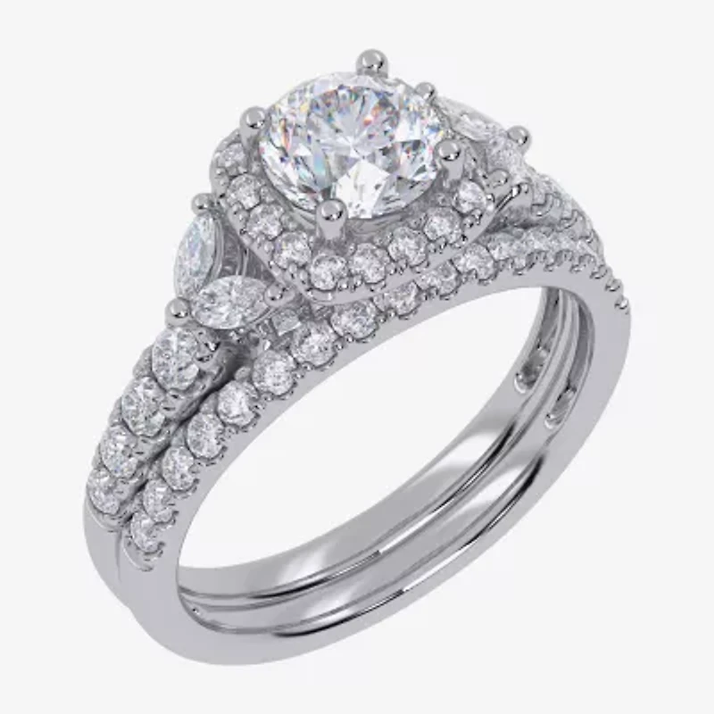 Signature By Modern Bride (G-H,Vs2-Si1) Womens 1 1/2 CT. T.W. Lab Grown White Diamond 14K Gold Round Side Stone Halo Engagement Ring