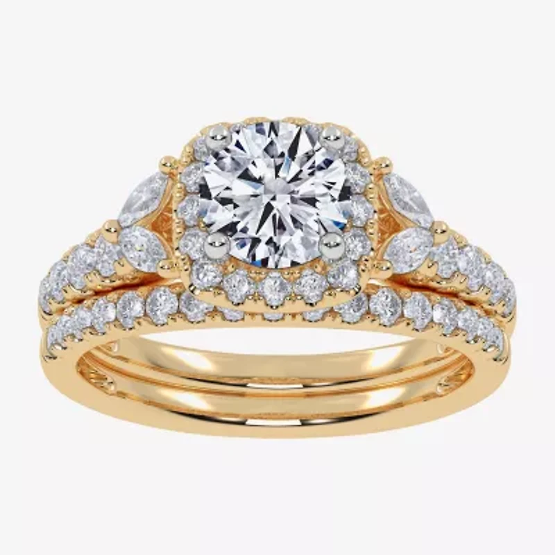 Signature By Modern Bride (G-H,Vs2-Si1) Womens 1 1/2 CT. T.W. Lab Grown White Diamond 14K Gold Round Side Stone Halo Engagement Ring