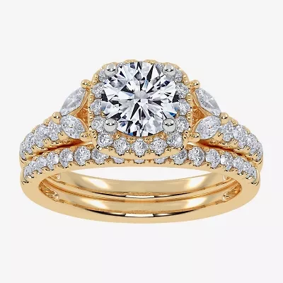 Signature By Modern Bride (G-H,Vs2-Si1) Womens 1 1/2 CT. T.W. Lab Grown White Diamond 14K Gold Round Side Stone Halo Engagement Ring