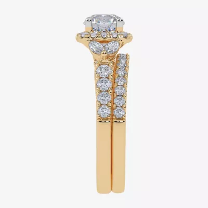 Signature By Modern Bride (G-H,Vs2-Si1) Womens 1 1/2 CT. T.W. Lab Grown White Diamond 14K Gold Round Side Stone Halo Engagement Ring