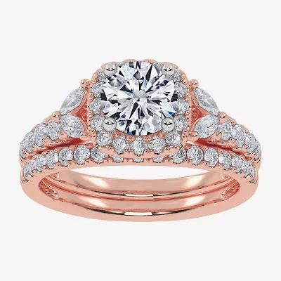 Signature By Modern Bride (G-H,Vs2-Si1) Womens 1 1/2 CT. T.W. Lab Grown White Diamond 14K Rose Gold Round Side Stone Halo Engagement Ring
