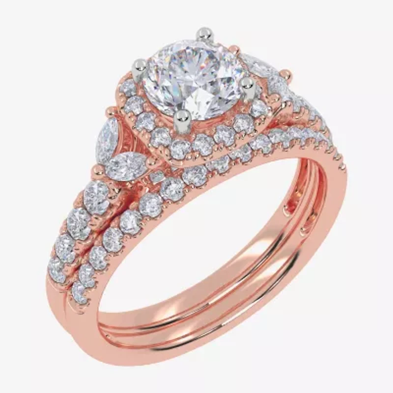 Signature By Modern Bride (G-H,Vs2-Si1) Womens 1 1/2 CT. T.W. Lab Grown White Diamond 14K Rose Gold Round Side Stone Halo Engagement Ring