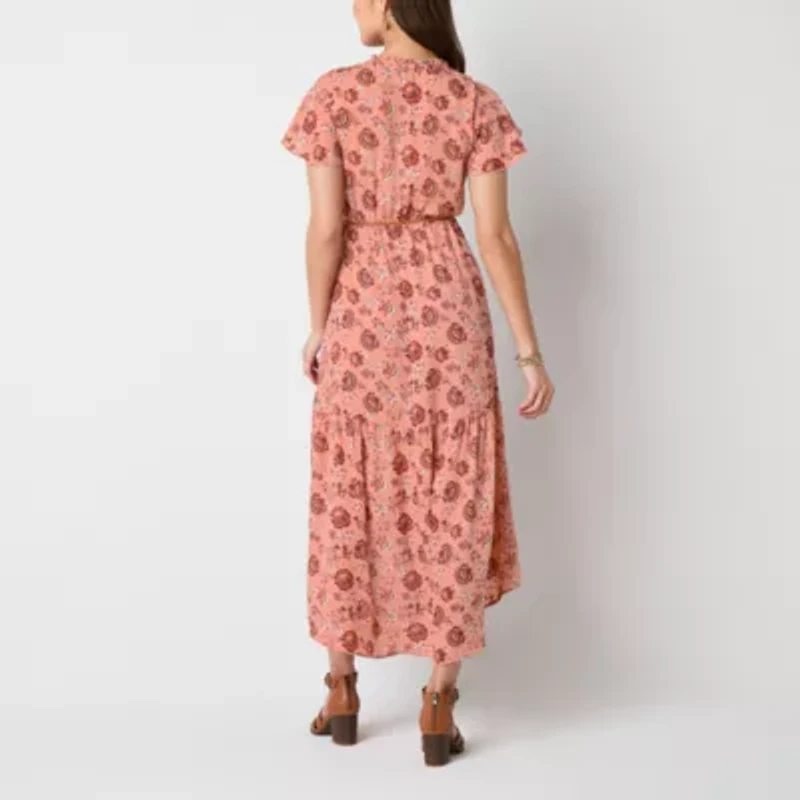 Frye and Co. Womens Short Sleeve Floral High-Low Fit + Flare Dress