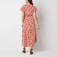 Frye and Co. Womens Short Sleeve Floral High-Low Fit + Flare Dress