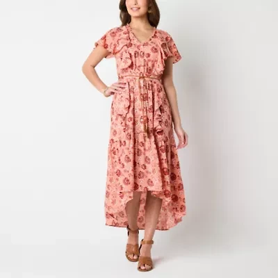 Frye and Co. Womens Short Sleeve Floral High-Low Fit + Flare Dress