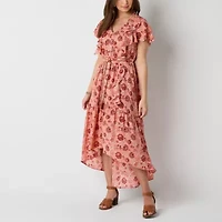 Frye and Co. Womens Short Sleeve Floral High-Low Fit + Flare Dress
