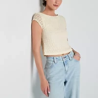 Arizona Lace Womens Boat Neck Short Sleeve Juniors T-Shirt