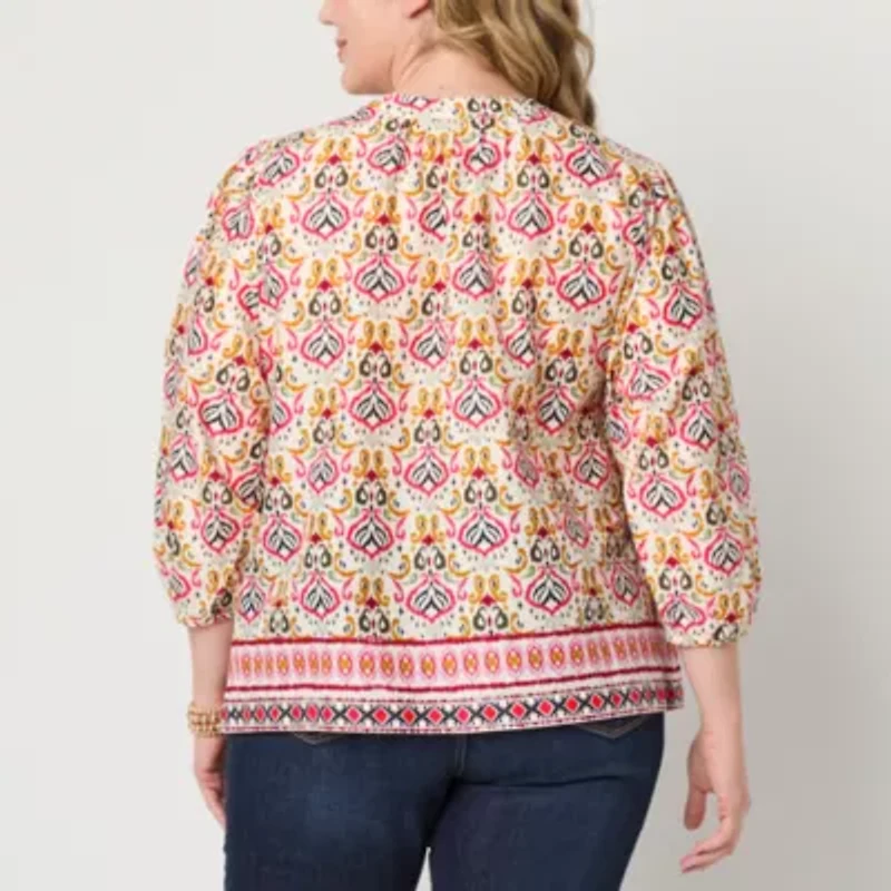 St. John's Bay Womens Split Tie Neck Long Sleeve Plus Blouse