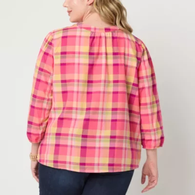 St. John's Bay Womens Plus Split Tie Neck 3/4 Sleeve Blouse