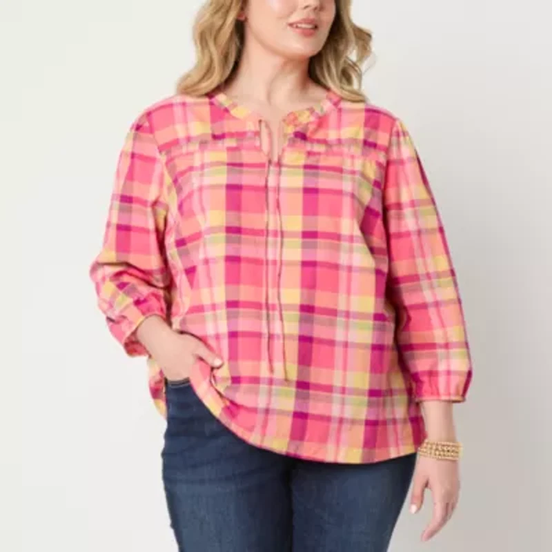 St. John's Bay Womens Plus Split Tie Neck 3/4 Sleeve Blouse