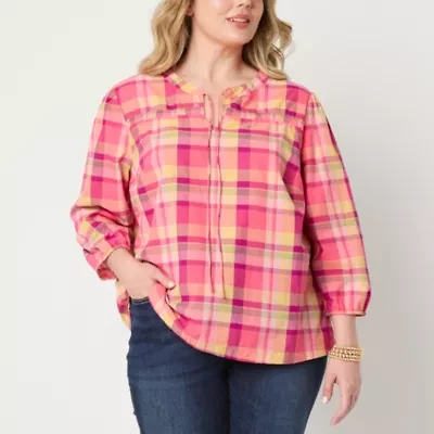 St. John's Bay Womens Plus Split Tie Neck 3/4 Sleeve Blouse