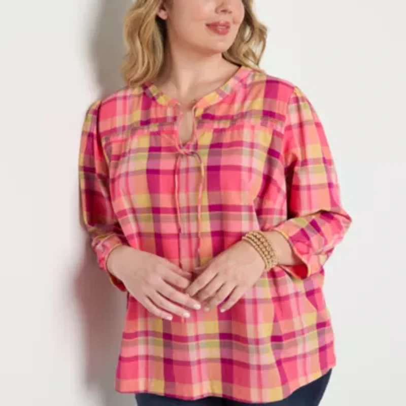 St. John's Bay Womens Plus Split Tie Neck 3/4 Sleeve Blouse