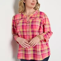 St. John's Bay Womens Plus Split Tie Neck 3/4 Sleeve Blouse