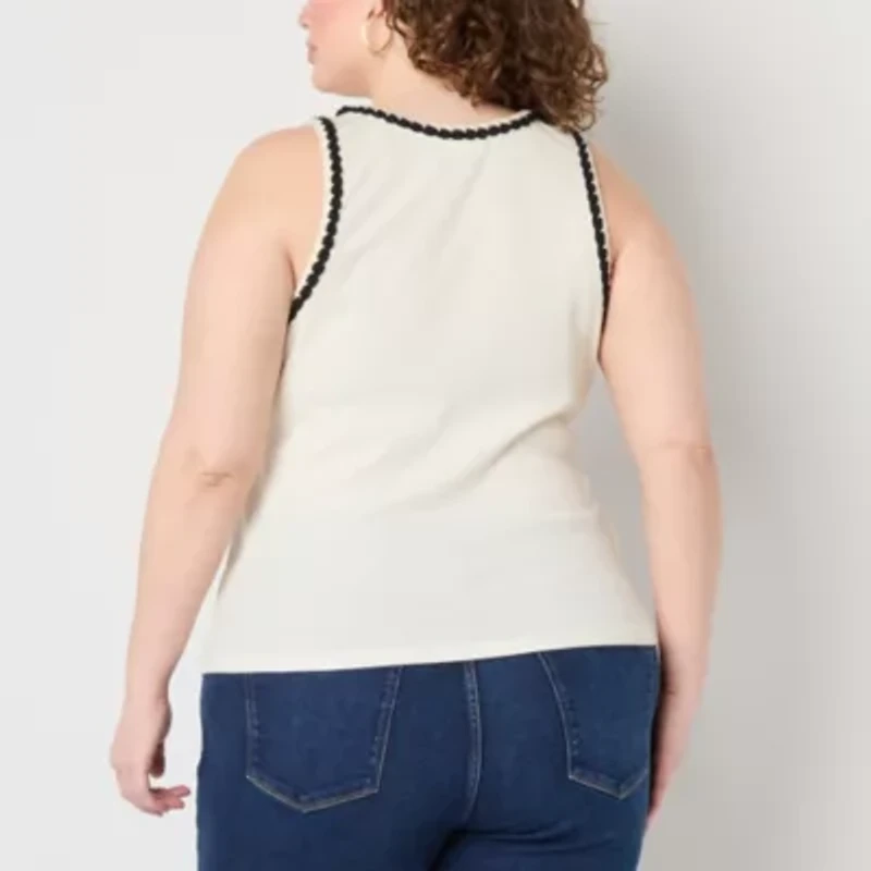 a.n.a Crochet Trim Womens Plus Crew Neck Sleeveless Tank Top