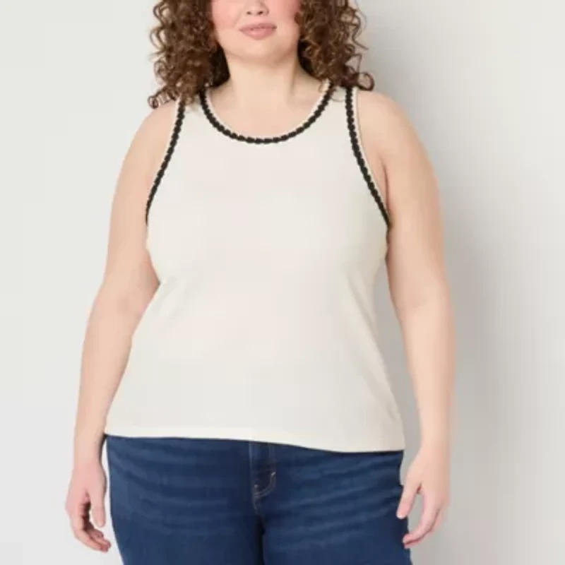 a.n.a Crochet Trim Womens Plus Crew Neck Sleeveless Tank Top