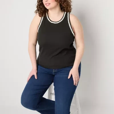 a.n.a Crochet Trim Womens Plus Crew Neck Sleeveless Tank Top