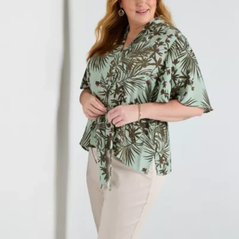 Liz Claiborne Womens Plus V Neck Short Sleeve Satin Blouse