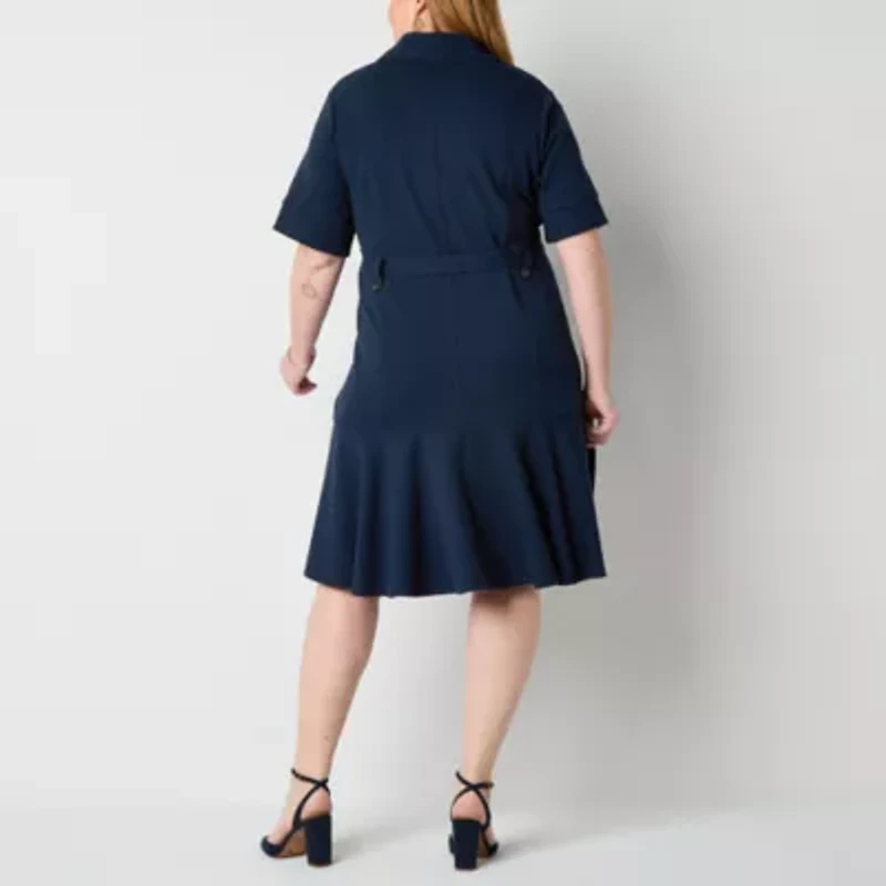 Liz Claiborne Womens Belted Short Sleeve Midi Plus Shirt Dress