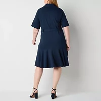 Liz Claiborne Womens Short Sleeve Midi Plus Shirt Dress